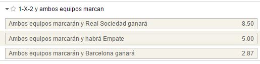 Mercado de 1x2 con goles por parte de ambos equipos en el Real Sociedad - Barcelona.